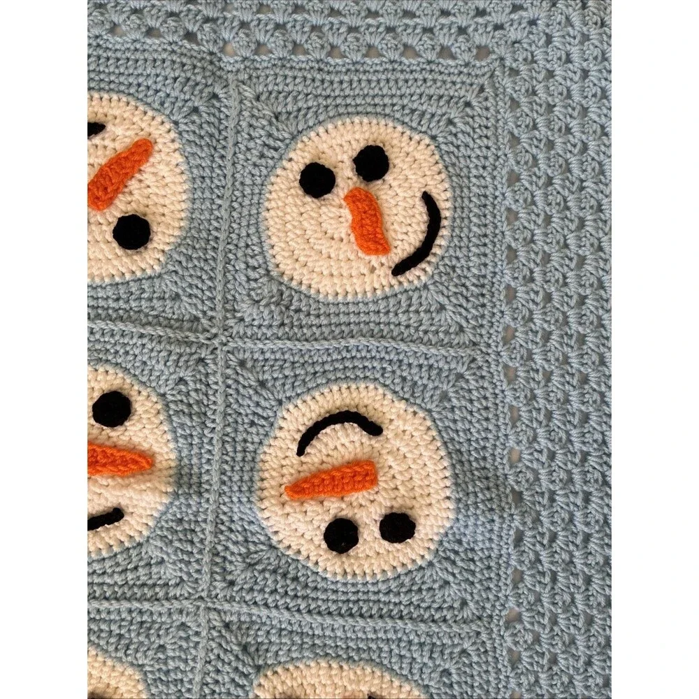 Snowman Crocheted Hand Knit Afghan Throw Blanket 49x41” Baby Blue Winter Holiday